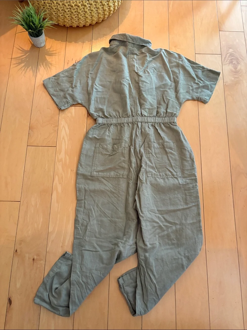 ZARA Khaki Green Utility Washed Linen Jumpsuit L